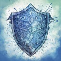 web site hero, a knight's shield, in style of Watercolor with ink pen outline, inspiring, intricate, gradients of blue, generat ai photo