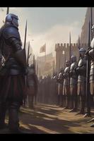 Generate a 2D image of a medieval army in formation with soldiers standing in neat rows and columns. The scene should be set during the day with bright natural lighting, generat ai photo