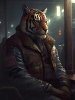 un gordito pero fuerte Tigre vivo en el cyberpunk ciudad, Tigre cabeza, vistiendo un grande cuero chaqueta, espeluznante, lleno cuerpo, gruñón rostro, realista petróleo cuadro, generar ai foto