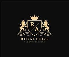 Initial RA Letter Lion Royal Luxury Heraldic,Crest Logo template in vector art for Restaurant, Royalty, Boutique, Cafe, Hotel, Heraldic, Jewelry, Fashion and other vector illustration.