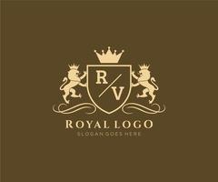 inicial rv letra león real lujo heráldica,cresta logo modelo en vector Arte para restaurante, realeza, boutique, cafetería, hotel, heráldico, joyas, Moda y otro vector ilustración.