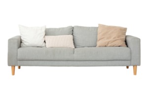 Gray sofa with cushions isolated on a transparent background png