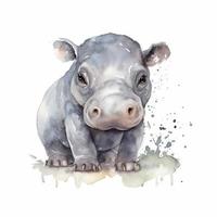 cute small baby hippo, water color, pastel  color with white background, generat ai photo