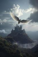 flying winged stalion, silver quartz wings, blue flaming eyes, elvish castle in the clouds distant hills background, generat ai photo