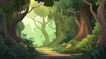 selva con arboles escena en un dibujos animados tema, generar ai foto