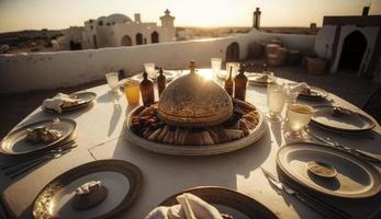 Ramadán iftar alimento, iftar comidas y reuniones, Ramadán iftar Eid. musulmán familia tiene cena a hogar. mesa con tradicional alimento. eid al-fitr celebraciones, generar ai foto