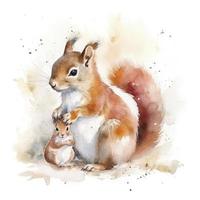 free squirrel mother with squirrel child water color, pastel ,white background , generat ai photo