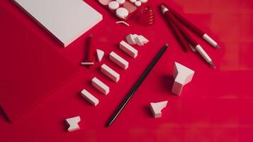 Office supplies on red table, generat ai photo