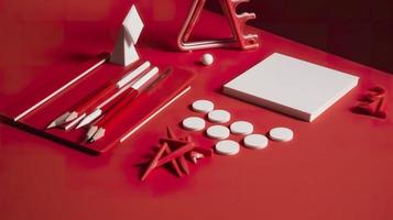 Office supplies on red table, generat ai photo