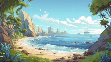 playa a un tropical isla paisaje , dibujos animados estilo , 4k, generar ai foto