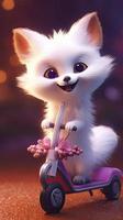 super cute adorable fluffy little fox smiles happily, very happy, rides an electric scooter with a rugosa basket to send rugosa, generat ai photo
