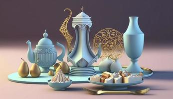 iftar comidas y reuniones, pastel colores, en azul antecedentes. creatividad de humano.3d hacer y ilustración, generar ai foto