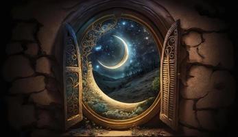 Mystical window with crescent moon in night sky, Islamic greeting Eid Mubarak for Muslim Holidays. Eid-Ul-Adha festival celebration. Arabic Ramadan Kareem, Generate Ai photo