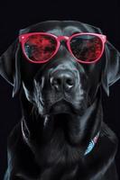 a charming and playful image of a black Labrador wearing red sunglasses, Generate Ai photo