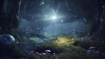 Magical fantasy fairy tale scenery, night in a forest, Generate Ai photo