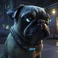 Realistic lifelike pug doggy doggy pup in high end cyberpunk cyber high tech futurist armour outfit, generat ai photo