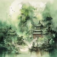 antiguo chino mitología, ganado,, lleno cuerpo, bambú bosque, verde, un hermosa pintura de chino Shanshui estilo, chino tinta estilo, verde atmósfera, generar ai foto