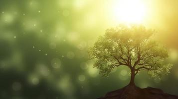 Free photo 3d background of the sun shining onto a tree against a bokeh background, generat ai