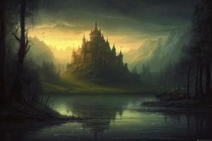 Castle in a swamp with dramatic lighting, Generate Ai photo