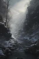 Award-winning concept art,  river rushing through a snowy ravine, winter trees, falling snow, chiaroscuro, Generate Ai photo