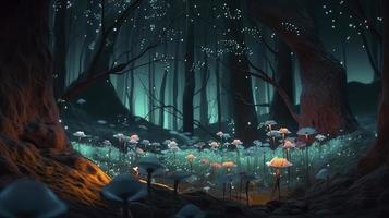 fantasía bosque a noche, magia brillante flores en cuento de hadas madera, generar ai foto