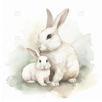 free white bunny mother with white bunny child water color, pastel ,white background, generat ai photo