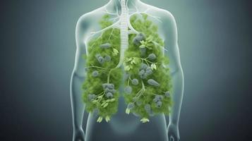 Photo image human lungs made of green leaves on the background of male body fresh breath pneumonia prevention smoking modern design magazine style copy space 3d illustration 3d rendering, generat ai