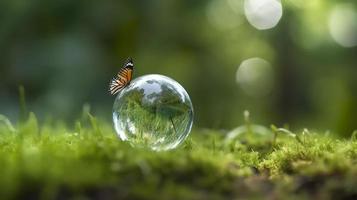 Concept save the world save environment the world is in the grass of the green bokeh background, generat ai photo