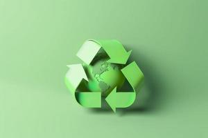 3d rendering green recycle sign with globe on background save the world and environment concept, generat ai photo