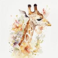 Water color full frame animals with flowers on white background, soft colors, minimalist, Generate Ai photo