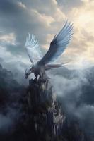 flying winged stalion, silver quartz wings, blue flaming eyes, elvish castle in the clouds distant hills background, generat ai photo