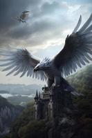 flying winged stalion, silver quartz wings, blue flaming eyes, elvish castle in the clouds distant hills background, generat ai photo