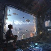 child sitting at apartment window looking outside, mid day sky clouds sci-fi environment, looking into robotic cantilever shipping containers below floating spacecraft cargo god ray lights, generat ai photo