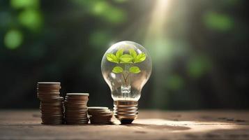 Tree growing in ligthbulb with plant growth on money in nature concept energy and business, generat ai photo