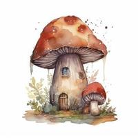 flat art of a small Mushroom House, digital Watercolor Art Isolated on white, Generate Ai photo