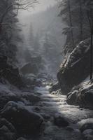 Award-winning concept art,  river rushing through a snowy ravine, winter trees, falling snow, chiaroscuro, Generate Ai photo