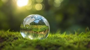 a glass globe concept day earth save the world save environment the world is in the grass of the green bokeh background, generat ai photo