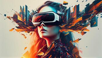 AI Metaverse concept collage design with wearing VR headset with smart glasses futuristic technology photo