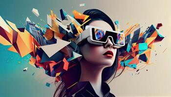 AI Metaverse concept collage design with wearing VR headset with smart glasses futuristic technology photo