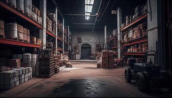 Large industrial warehouse with shelves full of goods photo