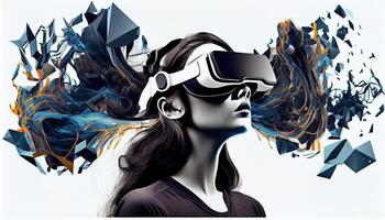 AI Metaverse concept collage design with wearing VR headset with smart glasses futuristic technology photo