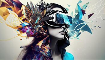 AI Metaverse concept collage design with wearing VR headset with smart glasses futuristic technology photo