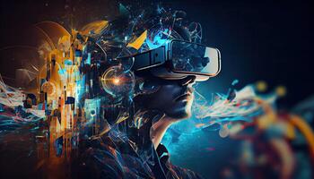 AI Metaverse concept collage design with wearing VR headset with smart glasses futuristic technology photo