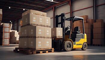 Forklift loads pallets and boxes in warehouse photo