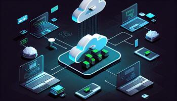 nube tecnología informática dispositivos conectado a digital almacenamiento en el datos centrar vía el Internet iot inteligente hogar comunicación ordenador portátil tableta teléfono dispositivos empresario utilizando tecnología generado ai foto