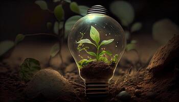 verde energía y un brillante futuro un ligero bulbo en suelo generado ai foto