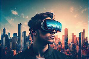 Metaverse concept and virtual world elements. virtual reality headset photo