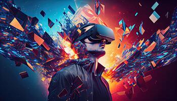 ai metaverso concepto collage diseño con vistiendo vr auriculares con inteligente lentes futurista tecnología generado ai foto