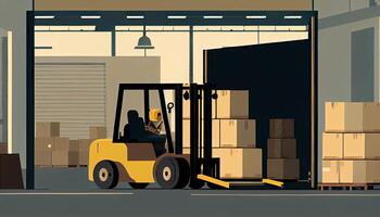 Forklift loads pallets and boxes in warehouse photo