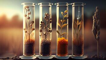 Plant seeds in test tubes for genetics research. Laboratory Analysis of Agricultural Commodities photo